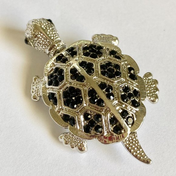 Crystal Sea Turtle Pendant Brooch Pin Necklace Silver Plated Black Cord 18" - Picture 5 of 12